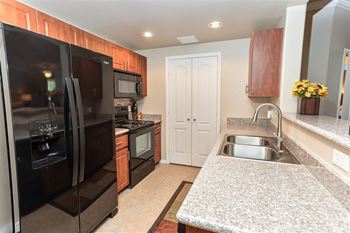 A kitchen with a black fridge and microwave, a sink, and a countertop.